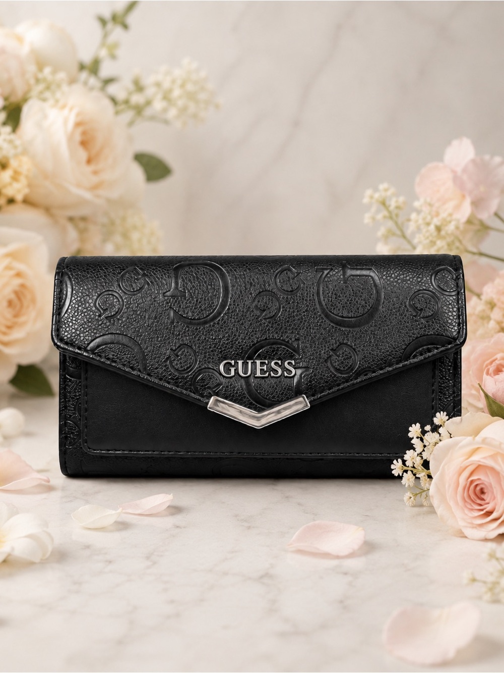 GUESS Black Embossed Logo Envelope Wallet-New